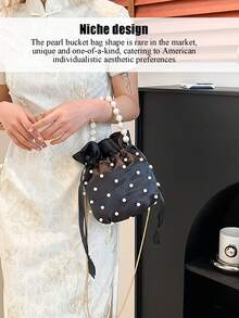 Mini Faux Pearl & Rhinestone Decor Bucket Bag Fashion Luxury Chic Mini Pearl Handle Bucket Shape Shoulder Bag Pearl Beaded Evening Handbag Custom Logo Purse - 藍色 - 查看 6