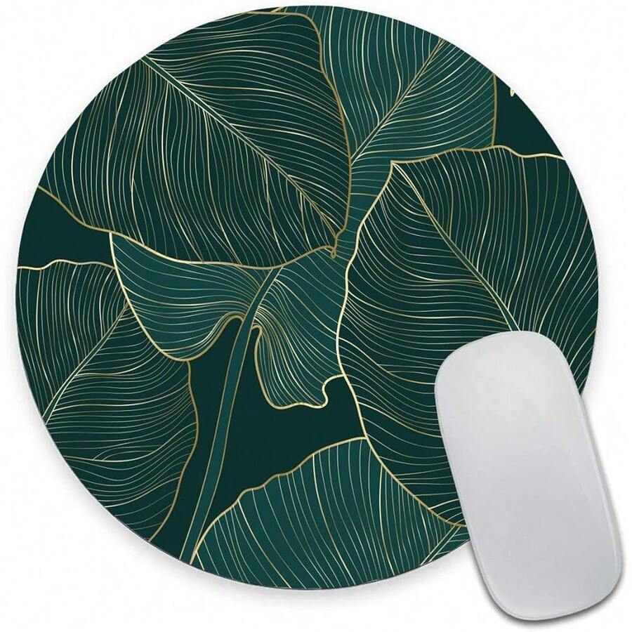 Pad, Round Computer Mat With Design, Non-Slip Rubber Base Small Pad, Waterproof Office Pads, Green Tropical Leaves,33Leaves - 33片葉子 - 查看 1
