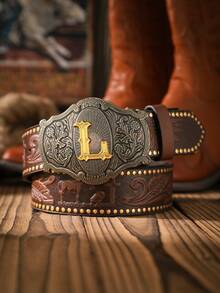 1pc Men's Western Style Letter Buckle PU Leather Belt (Hole Puncher Included) - Yellow Gold - View 27