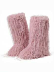 Women Fashionable Fluffy Winter Christmas Furry Knee High Long Boots Pull-On Faux Fur Round Toe Boots Warm Boots Outdoor Flat Shoes Party Casual Winter Fall Boots - Hồng C - Xem 5