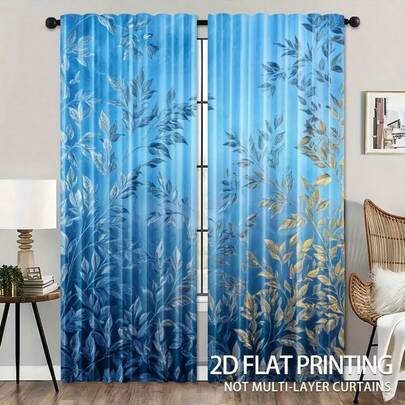 2片装优雅金色叶子窗帘 - 半透明窗帘，带杆袋设计，可机洗涤纶纤维窗帘，适合家居装饰，现代简约风格窗帘，适用于客厅和卧室