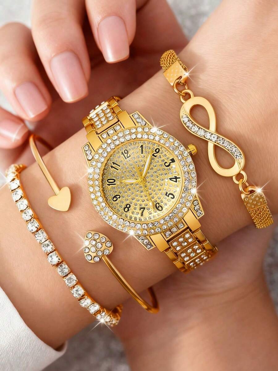 Bộ 4 chiếc đồng hồ nữ dây thép không gỉ màu bạc, kiểu dáng thời trang thường ngày, mặt số chữ số Ả Rập, máy quartz, thích hợp để đeo hàng ngày, trang trí, làm quà tặng bạn bè hoặc quà tặng ngày lễ. - Vàng - Xem 1