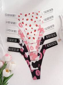 5pcs/Pack Comfortable & Skin-Friendly LOVE Diamond Decor Sexy & Sweet Print Seamless Thong Panties For Women - Multicolor - View 4