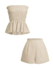 Vaiaye 女士夏威夷波西米亚热带海滩度假两件套——单肩条纹荷叶边简约日常抹胸上衣和短裤，非常适合约会、下午茶、假期、音乐节和圣诞节。