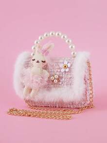 1pc Cartoon Rabbit & Fluffy Lace Pearl Decor PU Felt Material Flap Closure Chain Strap Casual Beaded Handbag, Crossbody Bag For Snacks & Coins, Suitable For Birthday Gift & Daily Use, Teens - Wool Lace - Rabbit - View 1