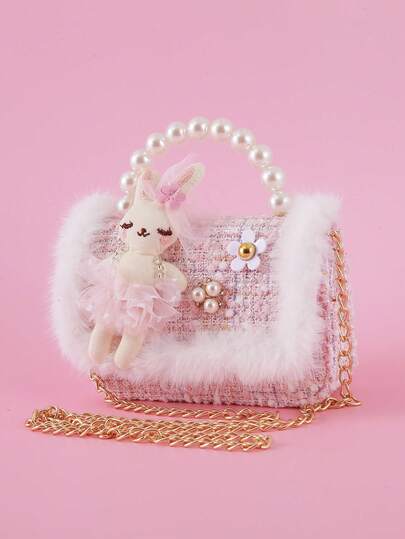 1pc Cartoon Rabbit & Fluffy Lace Pearl Decor PU Felt Material Flap Closure Chain Strap Casual Beaded Handbag, Crossbody Bag For Snacks & Coins, Suitable For Birthday Gift & Daily Use, Teens
