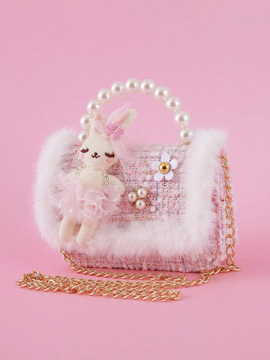 1pc Cartoon Rabbit & Fluffy Lace Pearl Decor PU Felt Material Flap Closure Chain Strap Casual Beaded Handbag, Crossbody Bag For Snacks & Coins, Suitable For Birthday Gift & Daily Use, Teens - Wool Lace - Rabbit - View 1
