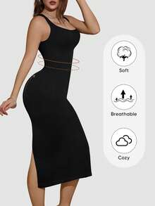 1pc Women's Sleeveless Ribbed Bodycon Slip Dress With Slit, Slimming Fit, Suitable To Pair With Skirts, Suitable For Mature Women