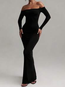 优雅露肩长袖黑色连衣裙，适合晚宴、新年派对，修身剪裁，女士长款连衣裙 - 黑色 - 查看 1