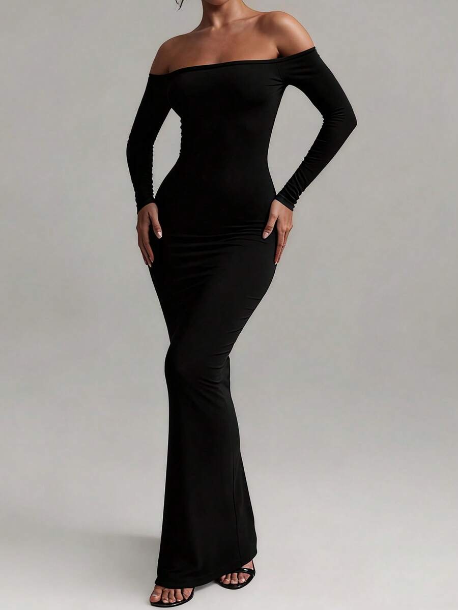 优雅露肩长袖黑色连衣裙，适合晚宴、新年派对，修身剪裁，女士长款连衣裙 - 黑色 - 查看 1