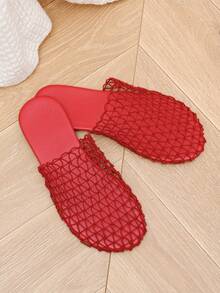 女士时尚镂空编织平底拖鞋，波西米亚风透气沙滩拖鞋，春夏穿搭 - 紅色 - 查看 15