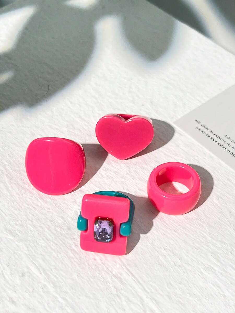 4pcs Exaggerated Colorful Geometric Contrast Color Asymmetrical Resin Ring Set, Versatile Rings (Size May Have Slight Variation, Color May Differ Between Batches)