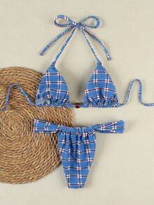 Bộ bikini hai mảnh cổ trễ họa tiết kẻ caro xanh dương kiểu retro dành cho nữ, phong cách cá tính, gợi cảm cho kỳ nghỉ biển, mùa hè xuân 2026. - Nhiều màu - Xem 3