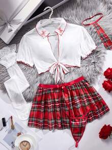 4 Pcs Sexy Women's Lingerie Set&Lace-Up Top For The Chest&Red And White Checkered Fabric Short Skirt Decorated With A Bow At The Waist&Red And White Checkered Cloth Tie & Sexy Thong&Uniform Temptation Comfortable Underwear Cos Set - Red - View 4