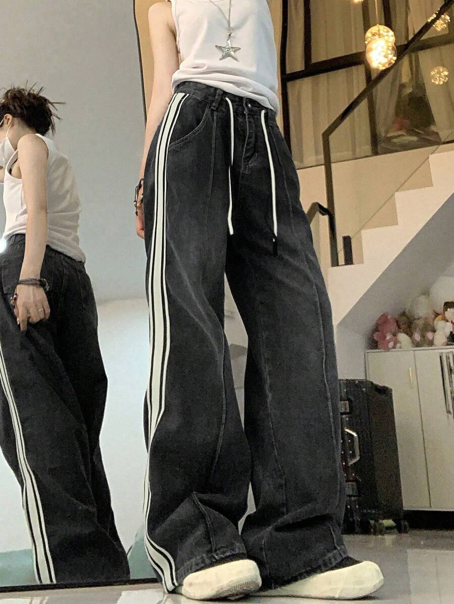 Women's Casual Fashionable Drawstring Waist Striped Denim Jeans - Grey - View 1