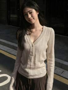 Women's Hollow Out Knit Sweater, V-Neck Long Sleeve Slim Fit Casual Top, Suitable For Early Autumn - Apricot - View 3