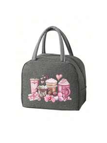 Bolsa de almuerzo aislada con estampado de café rosa, macarrón, lazo y sobre, emparejada con bolsa de almacenamiento de cubiertos negra, de gran capacidad, bolsa térmica enfriadora para estudiantes, bolsa de picnic de viaje portátil, lonchera de oficina y escuela - Multicolor - Ver 17