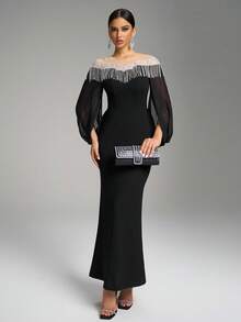 Fuaheng Asymmetrical Sleeve Luxury Pearl Embroidered Cinched Waist Bodycon Dress, Evening Gown Party - Black - View 7