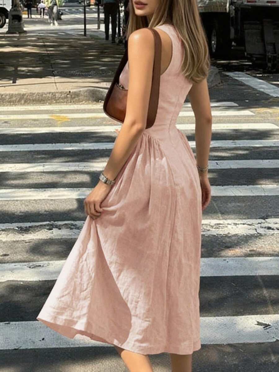 Váy bó eo cài nút 2025, Thiết kế mới thời trang xuân/hè, Váy midi đơn giản thanh lịch kiểu Pháp cho nữ, Thích hợp mặc đi làm, hẹn hò, đi làm, trang phục giáo viên, thường ngày - Hồng - Xem 1