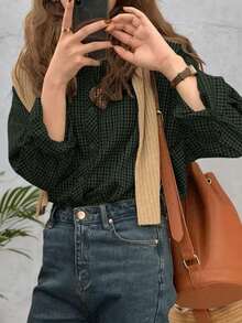 Women's Casual Plaid Long Sleeve Shirt, Button Front Dropped Shoulder Blouse Top, Regular Fit Woven Fabric