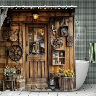1 pezzo Set di tenda da doccia con motivo rustico da capanna, tenda da doccia in tessuto di poliestere impermeabile lavorato a maglia con 12 ganci, decorazione per la casa