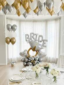 62 piezas/Set Decoración de fiesta nupcial Conjunto de globos | Globo de foil gigante en forma de anillo de diamante dorado + Globos de látex de 10" en dorado/plateado/blanco | Globo de foil plateado de 16" con la letra "NOVIA", decoración para despedida de soltera, fiesta de novia - Multicolor - Ver 4