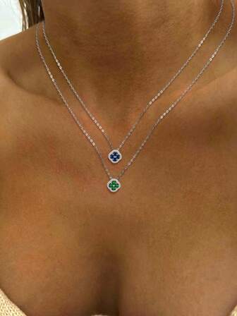 1PC S925 Sterling Silver Necklace,Exquisite Light Luxury Four Leaf Clover Pendant Colored Zirconia Necklace Ladies Jewelry For Women,Fine Jewelry Gifts For Girls Daily Life Dating Decor