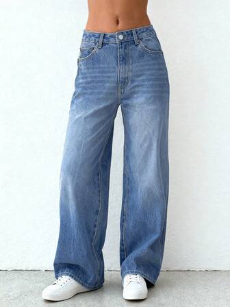 جينز نسائي بقصة مستقيمة فضفاضة وساق مستقيمة