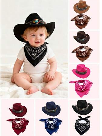 新款西部牛仔帽，卷边设计，防晒，亲子套装（含围巾），适合婴儿派对、主题派对、日常穿着、新生儿摄影道具