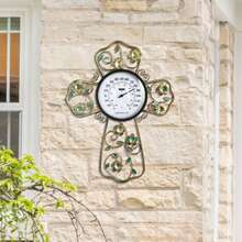 Termômetro de parede para ambientes internos com design de cruz e flores - Decoração metálica para sala de oração cristã, termômetro de parede com flor verde para sala de estar e quarto - Medidor de temperatura preciso