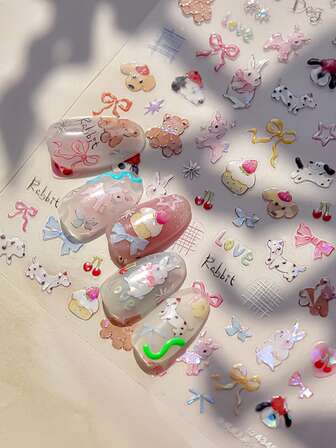 1pc Colorful Nail Art Stickers, Cute Rabbit, Puppy, Bow, Unicorn Patterns, Glitter, Odorless, Plastic, For Hands & Feet Care, Decorative Charm, Suitable For Daily DIY Nails, Phone Cases, Diaries, Loved By Women & Girls