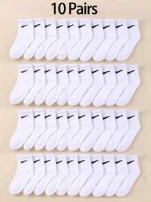 10 双儿童纯白色高弹条纹袜子，适合日常生活和运动，舒适柔软，休闲透气，适合所有季节的儿童袜子男孩和女孩