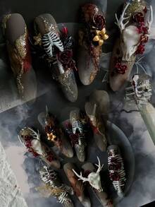 1pc Sheep Head Pentagram Goat Horn Skeleton Flower 3D Nail Art Mold, Transparent Silicone Nail Mold Decoration - 無色 - 查看 8