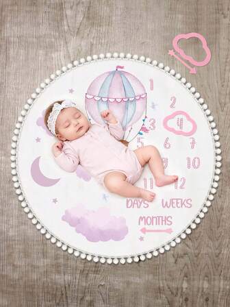 100厘米云朵气球月亮印花里程碑毯，法兰绒流苏毯，新生儿摄影道具