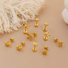 5对/套 不锈钢金色星星、花朵、蝴蝶结耳钉，螺旋耳针式，男女皆宜 - 幾何耳環 - 查看 4