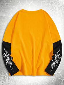 YUNCHIC 男士长袖圆领T恤，透气百搭，宽松休闲打底衫，韩式简约风，创意经典图案，宽松版型圆领T恤，秋季休闲上衣 - 黃色 - 查看 2