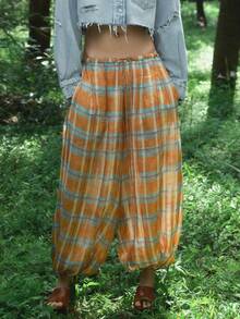 Women Baggy Balloon Pants Bubble Pleated Oversized Bloomers Wide Leg Lantern Harem Bloomer Pants - 橘色 - 查看 4