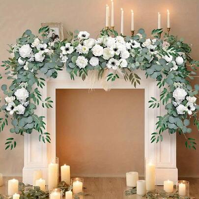 1pc Extra Long 179.83cm Garland - Realistic Eucalyptus, Willow Leaf & Peony/Rose Artificial Flowers - Wedding Arch, Door, Table Decor - Bohemian Wedding, Party, Home Decoration - Garland With  Green Foliage - Blue/Grey/Green Color Scheme - Durable & Easy-To-Assemble Garland For Spring/Summer Events - Indoor/ Use - Long-Lasting Faux Greenery Garland - No Maintenance Required, Wedding Flower Decorations, Wedding Table Decorations, Hanging Artificial Flowers