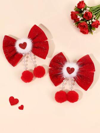2个闪亮红色发夹，女士女孩适用，亮片爱心蝴蝶结鳄鱼夹，白色蓬松绒球发夹，仿珍珠红色绒球流苏发卡，可爱甜美发夹，节日礼物，女士发饰，爪夹，发卡