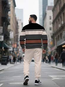 Plus Size Men's Crew Neck Sweatsuit, Spring & Autumn Striped Patchwork "MH" Letter Graphic 2-Piece Set - Plus Size Loose Fit, Comfortable Casual Long Sleeve T-Shirt + Jogger Pants, Streetwear Versatile - Multicolor - View 3