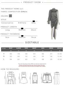 Nuevo conjunto de top de manga de un hombro de cuello alto y falda asimétrica fruncida de estilo francés para mujer - Gris - Ver 9