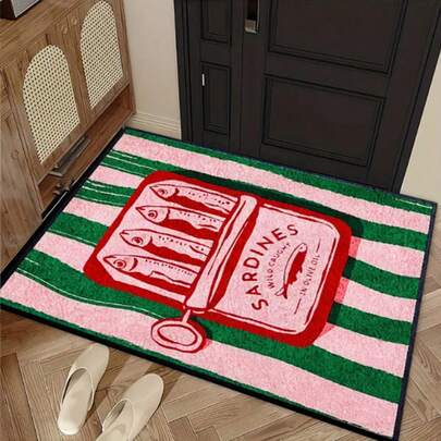 1pc Striped Small Rug With Letter & Fish Pattern, Decorative Doormat, Welcome Mat, Carpet, Outdoor Doormat, Kitchen Rug, Home Decor, Front Door Mat, Area Rug, Outdoor Mat, Home Decor, Area Carpet, Garden Rug, Washable Rug