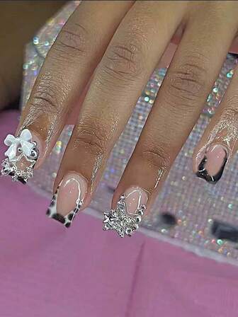 24pcs French Tie Dye Polka Dot Press-On Nails, Reusable, Butterfly & Star Rhinestone Decor, Chic & Stylish, Suitable For Dates, Spring, New Year, Christmas, Daily Wear, Birthdays, Holidays, New Arrival