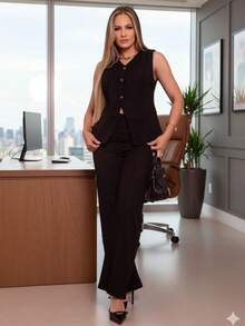 Conjunto Feminino Colete Sem Manga com Botões em Linho Misto  Elegante e Calça Sem Cos Cintura Alta Linho Misto REF: Virginia