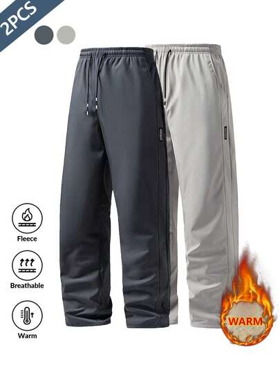 Conjunto de 2 peças: Calça masculina de inverno, grossa e quente, em lã de cordeiro. Calça casual de corte reto com bolsos e cordão na cintura. Confortável e fácil de combinar.
