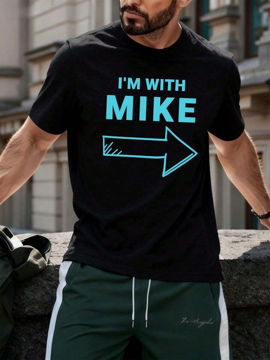 PLUS SIZE Funny 'I'M WITH MIKE' Arrow TShirt Fall, 100% Cotton, Easy Fit, Breathable, Street Hip-Hop, Unique Graphic Print - Black - View 1