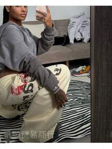 Retro Streetwear Casual Sports Sweatpants Y2K Fall/Winter Hip-Hop Print Loose Straight-Leg Wide-Leg Pants - 白色01 - 查看 6