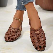 Women's Vintage Style Woven Hollow Closed Toe Chunky Heeled Sandals, Versatile Summer/Spring/Fall Retro Roman Shoes - Brown - View 13