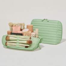 Standing Travel Makeup Bag Stand Up Make Up Bag Travel Toiletry Bag With Multiple Compartments Large Capacity For Women Business Trips Fitness And Daily Commutes Large Capacity Partitioned Geometric Quilted Makeup Bag Portable Travel Skincare Cosmetic Organizer Travel Toiletry BagTraveler Makeup Organizer Accessories Bag, Durable Waterproof Large Capacity With Compartments, Toiletry Bag For Women, Zippered Travel Cosmetic Beauty Case, Gift For Best Friend - Hoa văn màu hồng - Xem 4