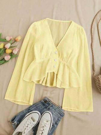 Sexy & Fashionable V-Neck Front Button Ruffle Hem Semi-Sheer Blouse For Women, Suitable For Party, Date, Daily Wear, Spring/Summer New Arrival